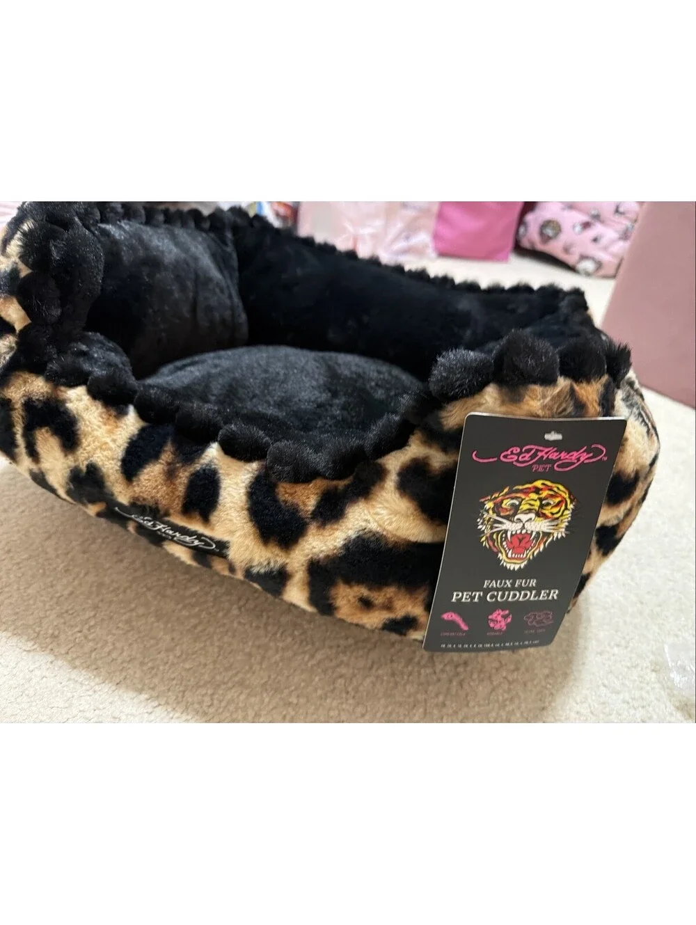 Ed Hardy Faux Fur Pet Cuddler Dog Bed Small S Leopard Print Cushioned